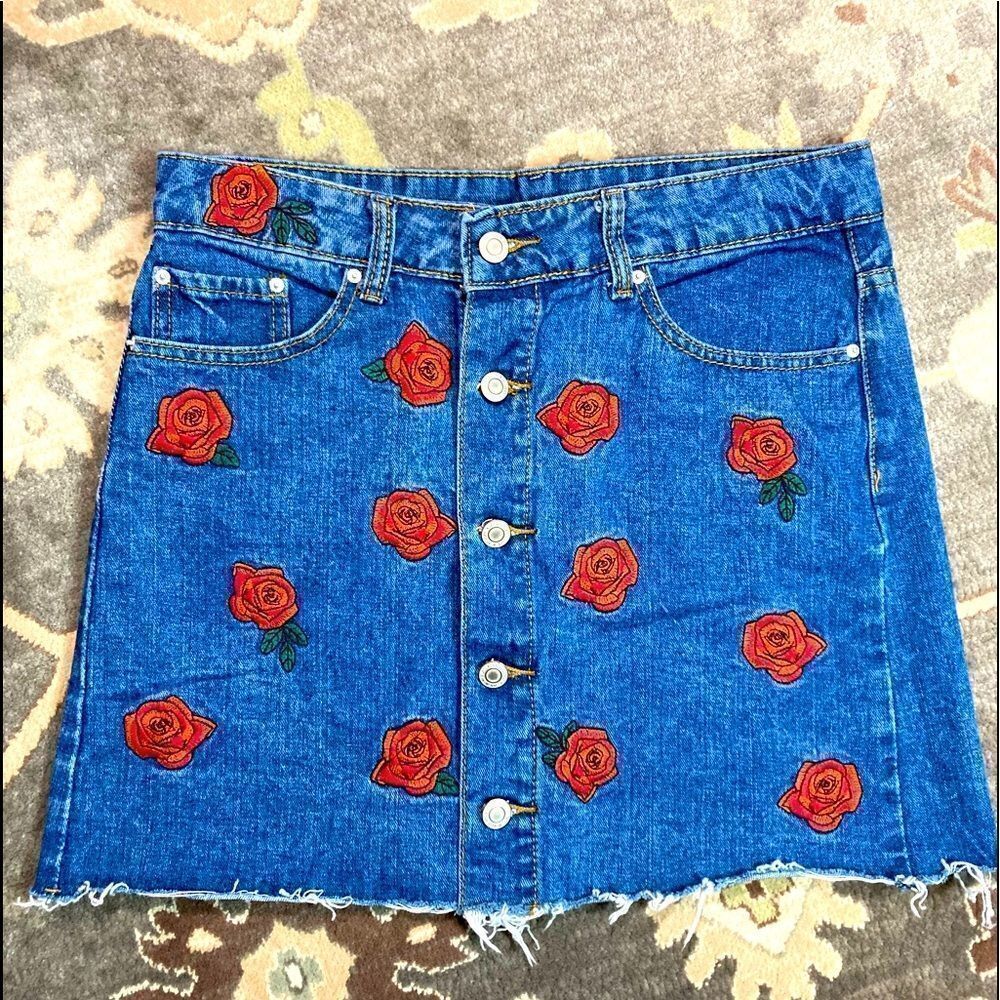 Denim Distressed Rose Embroidered Button Down Skirt